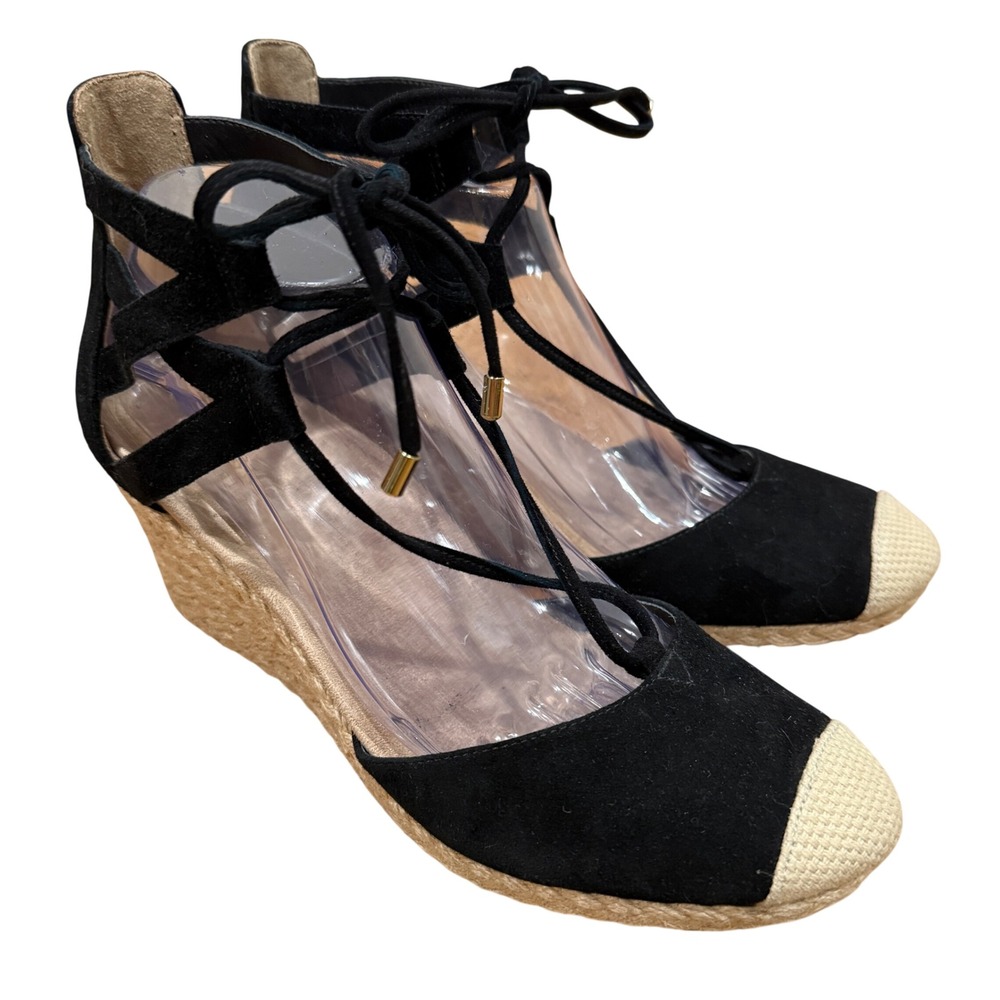 Vionic Calypso Black Suede Lace Up Espadrille Comfort Wedge Sandals Womens 9